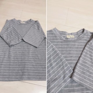 私物 二手 橫條紋灰色上衣 S-M 五分袖上衣 灰白色 休閒上衣 棉質上衣 女用上衣 七分袖 灰色 棉踢 棉T T恤