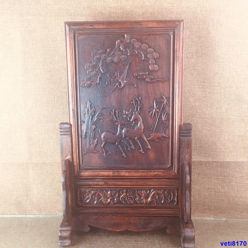 骨董*珍藏】稀少珍品 花梨木精彫 貴石嵌 祥鳳來儀屏風 掛屏 文房置物