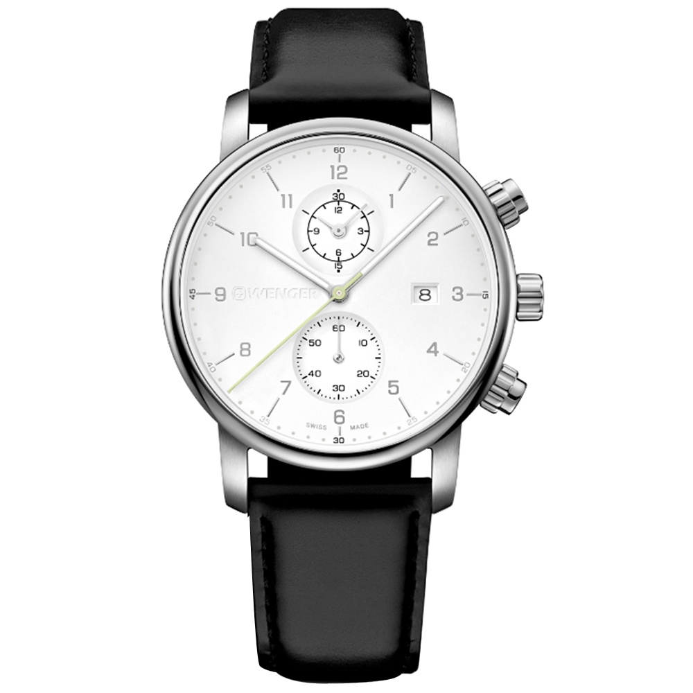 WENGER / Urban 簡約雙眼 日期 防水 真皮手錶 白x黑 / 01.1743.123 / 42mm