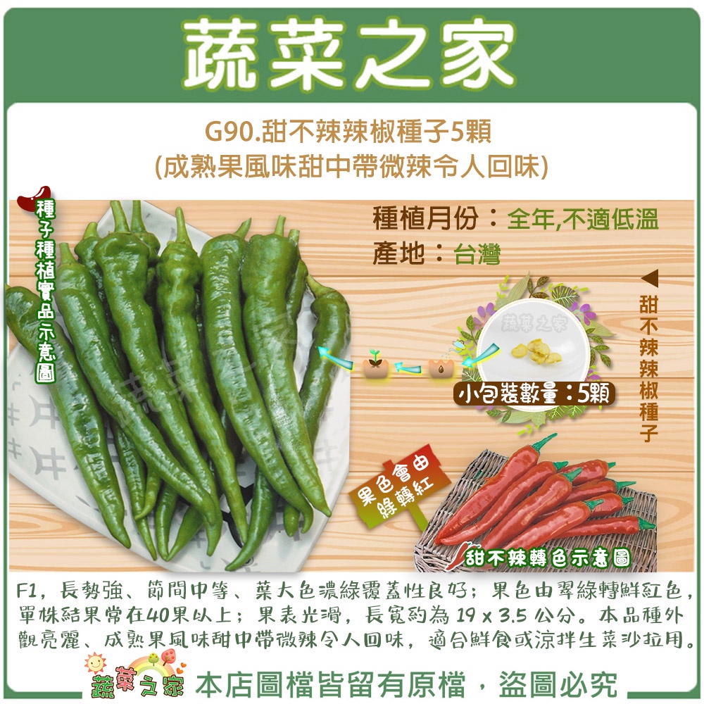 【蔬菜之家滿額免運】G90.甜不辣辣椒種子5顆 (成熟果風味甜中帶微辣令人回味)(F1，長勢強、節間中等、葉大色濃綠覆蓋