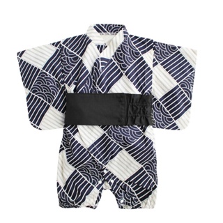 Augelute Baby童衣 套裝 二手9成新兒童 深藍色大格日式甩袖連身衣含腰帶80公分