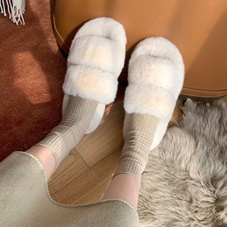 現貨🔥36~41毛毛拖 拖鞋 一字帶拖鞋 平底拖鞋 居家拖鞋 女冬季厚底露趾拖鞋外穿 puppet story