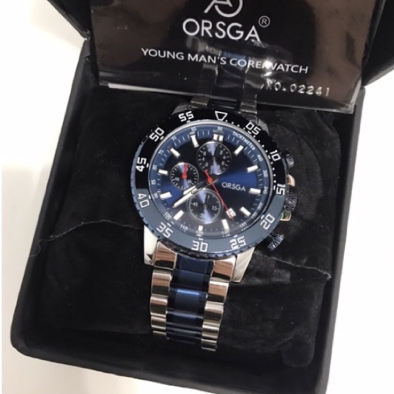 ORSGA三眼計時 鋼錶帶 手錶 藍色 男錶