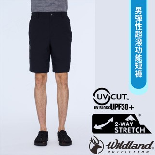 【荒野 WildLand】男新款 彈性超潑功能短褲.休閒運動機能褲/防潑水.抗UV30+ 黑色 0B01380-54