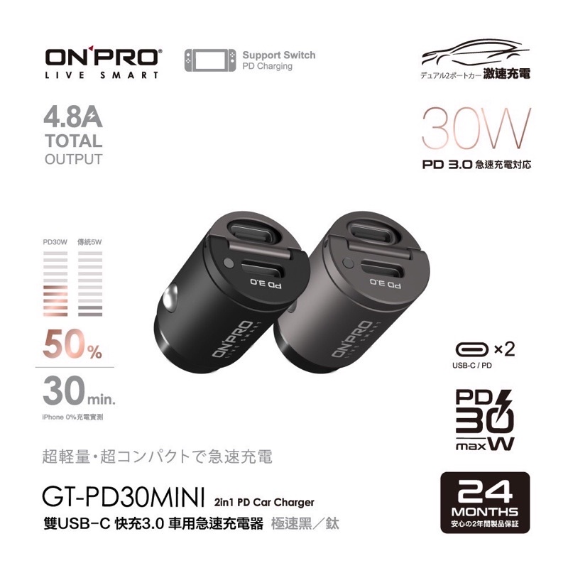 ONPRO GT-PD30MINI PD30W 隱藏式雙USB-C Type-C 迷你PD快速充電車用充電器