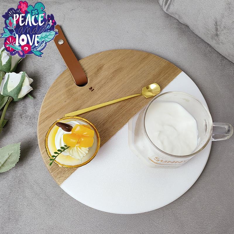 有家瓷業 創意白色大理石拼接相思木圓菜板面包吐司披薩板廚房水果蔬菜案板