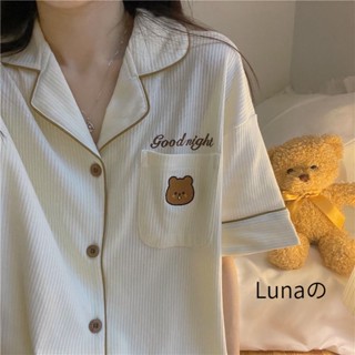 Lunaの夏季 短袖睡衣 甜美女生 小熊 少女學生開衫 睡衣套裝 ins 兩件套家居服套裝 休閑家居服 可愛睡衣 居家服