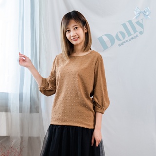 台灣現貨 大尺碼立體點點造型袖雪紡七分袖上衣(卡其色)-Dolly多莉大碼專賣