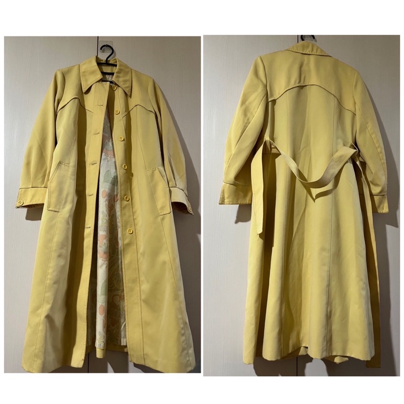 鵝黃色復古長版風衣外套大衣罩衫綁帶防風外套vintage古著