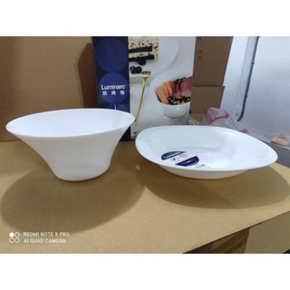 (臺北雜貨部) 法國品牌 樂美雅 白玉玻璃碗盤二入組 (光影沙拉碗 17X高8.5公分+方形深盤 21X高4公分)