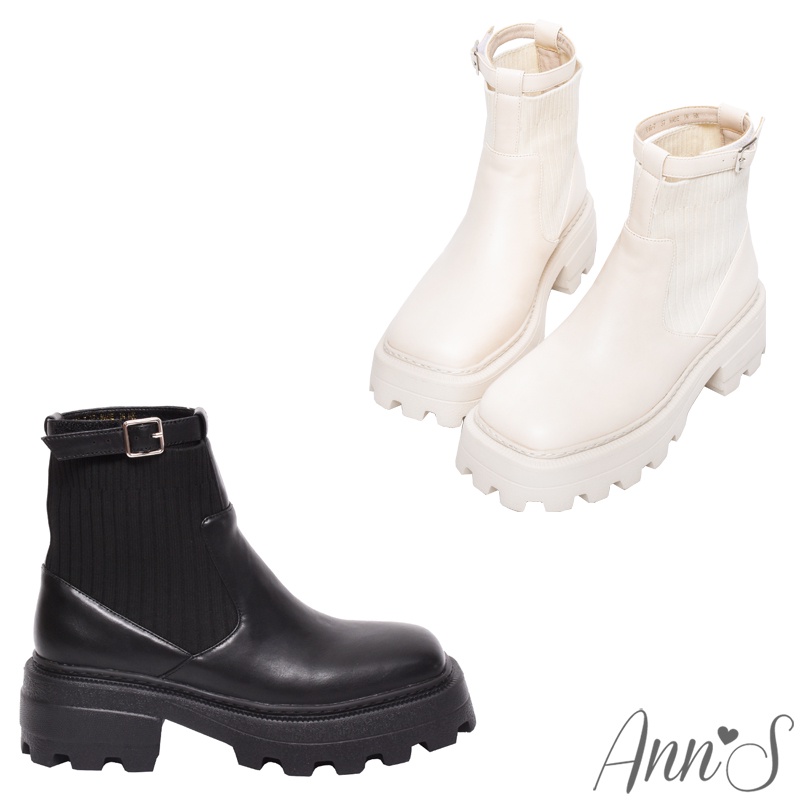Ann’S流行回歸-貼腿飛織兩穿可拆扣帶厚底方頭軍靴短靴5cm-2色