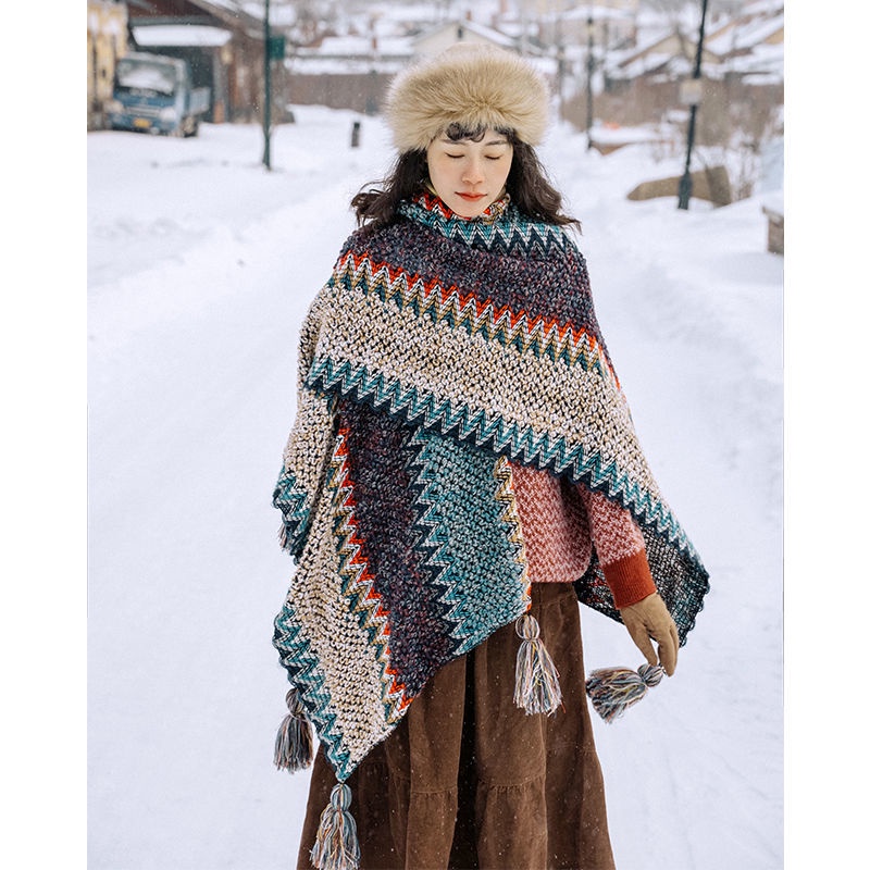 圍巾 披肩 旅行披肩女西藏雲南民族風斗篷波西米亞針織圍巾流蘇復古披風兩用