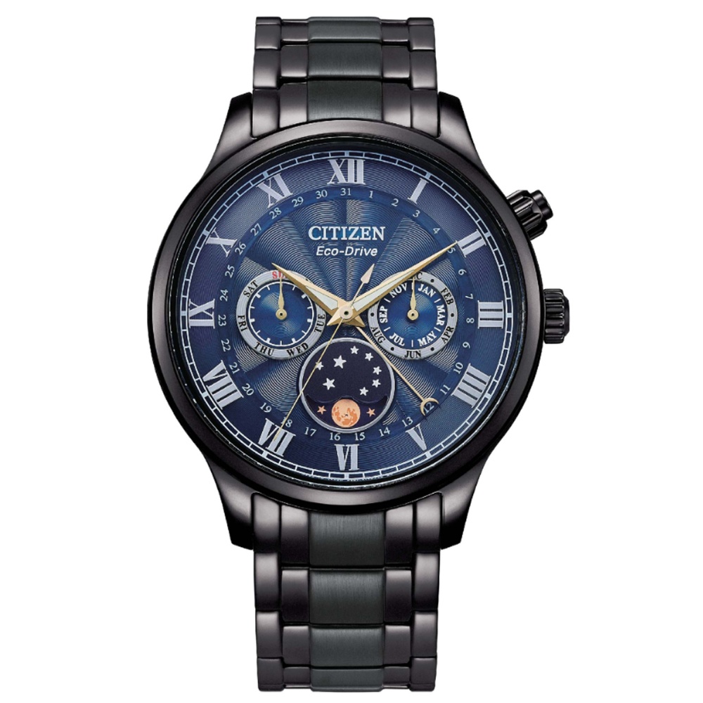 【CITIZEN 星辰】GENTS 光動能不鏽鋼月相顯示紳士腕錶-黑 藍面42mm(AP1055-87L 亞洲限定款)