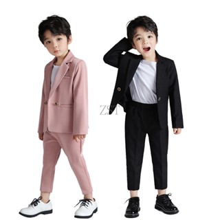 2 件/3 件兒童男嬰西裝外套西裝外套褲子服裝純色西裝外套正式燕尾服生日婚禮派對裝飾套裝粉色黑色紳士衣服套裝 2 -11