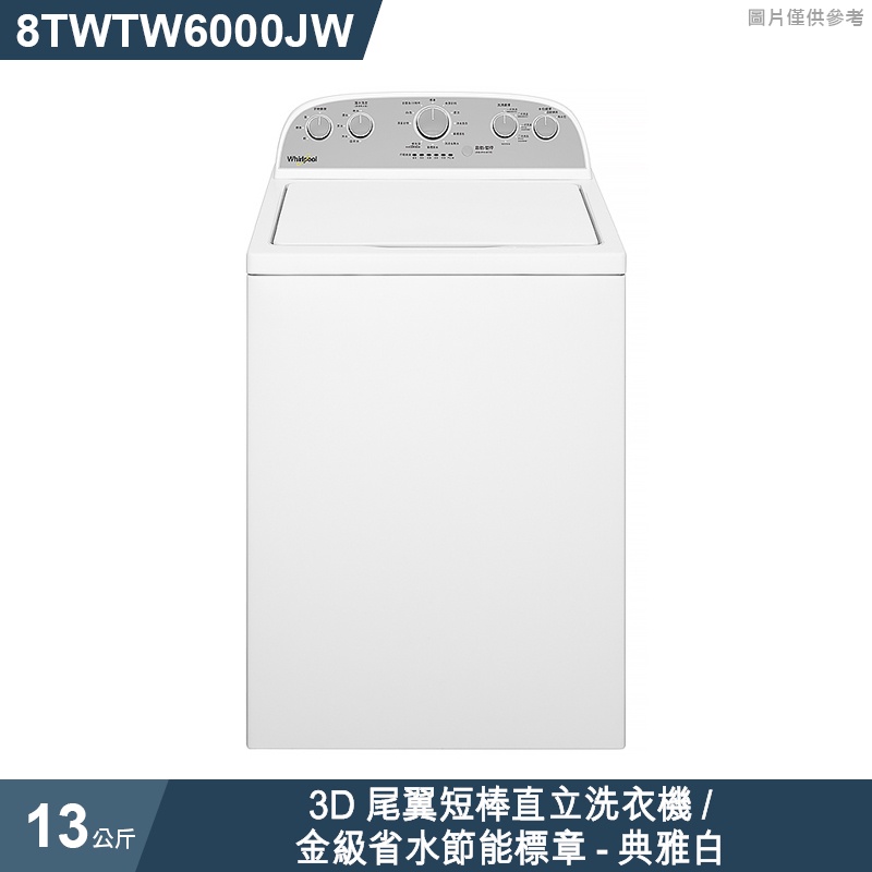 惠而浦【8TWTW6000JW 】13公斤3D尾翼短棒直立洗衣機/金級省水節能標章-典雅白  /標準安裝