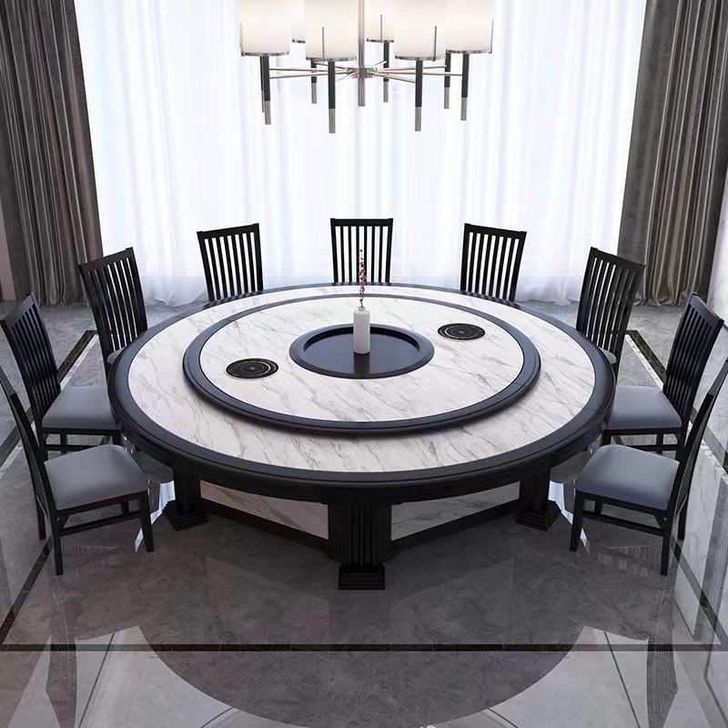 豪華店電動餐桌家用黑檀色圓形桌仿大理石15人20人包廂旋轉圓桌