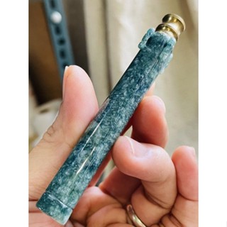 天然A貨緬甸玉 莫西沙 老油綠潑墨紋意境棉火箭筒翡翠菸鬥/煙嘴/煙鬥