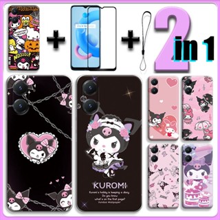 2 合 1 適用於 VIVO Y02S 手機殼帶鋼化玻璃陶瓷螢幕保護膜 Kuromi