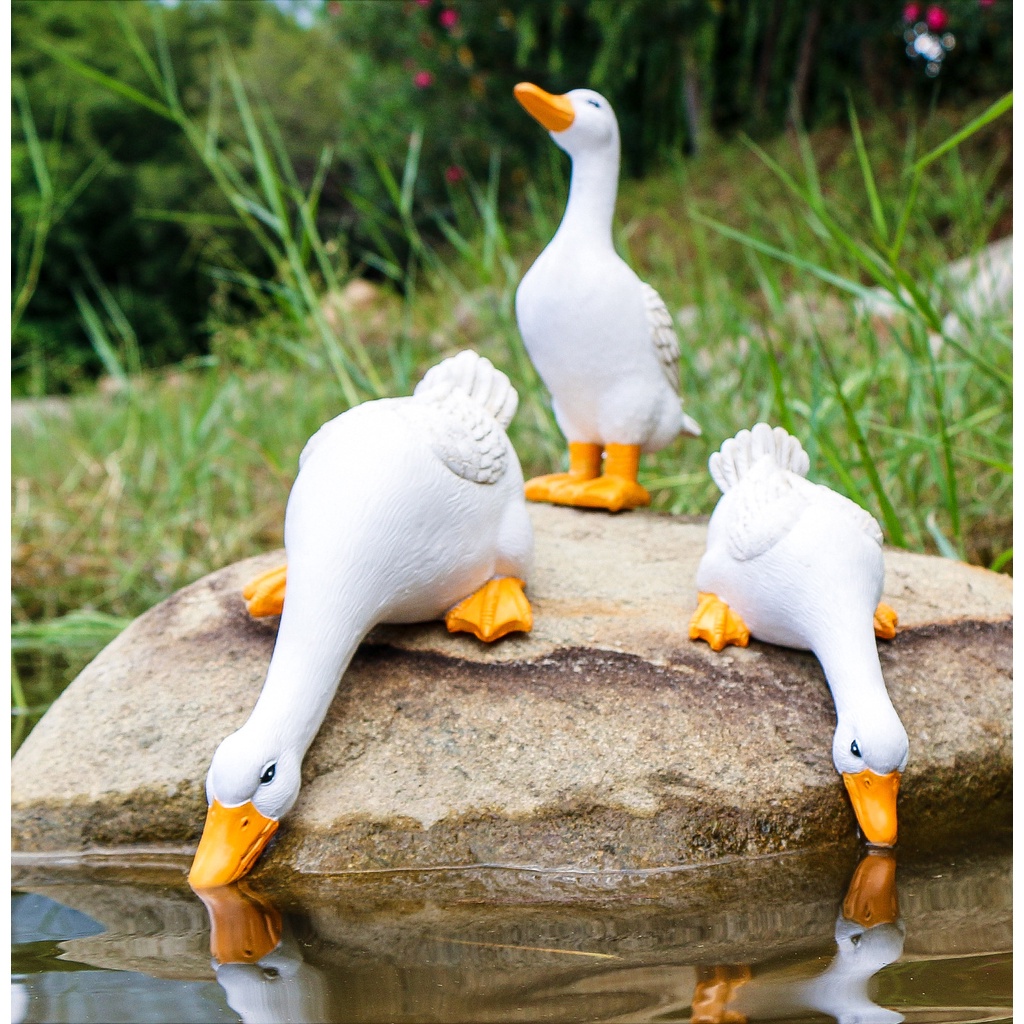 ◐A（唐橋）戶外仿真動物喝水鴨子樹脂擺件 庭院花園水池魚池水景裝飾造景