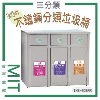 【台灣製】不鏽鋼垃圾桶 三分類 TH3-90SAR 戶外垃圾桶 資源回收 環保資源回收 垃圾筒 分類桶 304不銹鋼