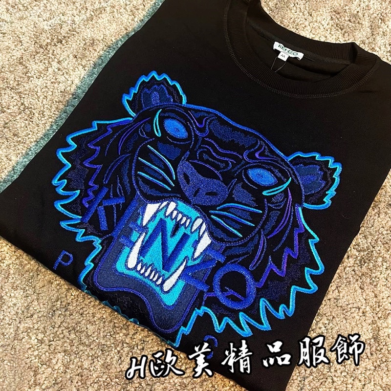 H精品服飾💎KENZO 高田三賢 經典刺繡款 冰藍虎 黑色 大學T/衛衣✅正品代購