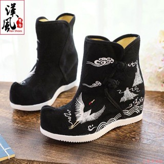 古風鞋子#古裝漢服鞋內增高短筒單靴民族風繡花布靴老北京內增高翹頭弓鞋女