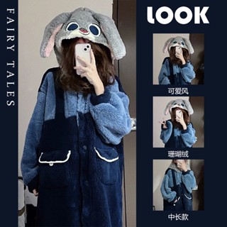 ✨ 溫暖熱賣✨ 可愛兔子連帽珊瑚絨睡衣女冬季2022年新款加厚毛絨睡袍居家服睡裙