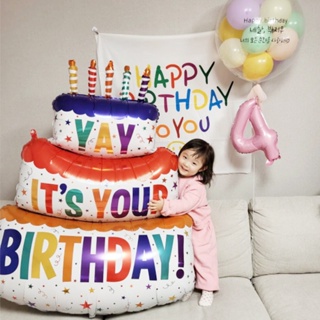 新款彩色蠟燭三層蛋糕氣球兒童生日派對裝飾佈置蛋糕鋁箔氣球