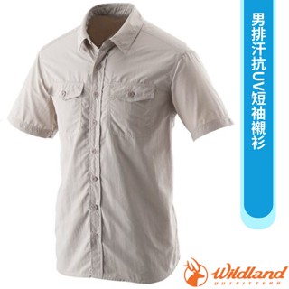 【荒野 WildLand】男新款 排汗抗UV短袖襯衫.休閒運動機能上衣/透氣快乾 白卡其 W1210-83