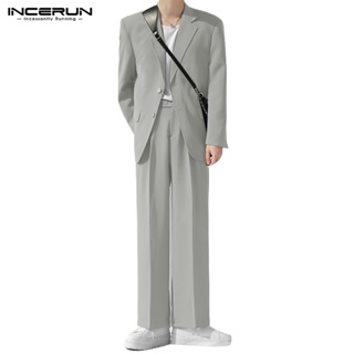 Incerun 男士韓版西裝外套+長褲純色兩件套休閒西裝