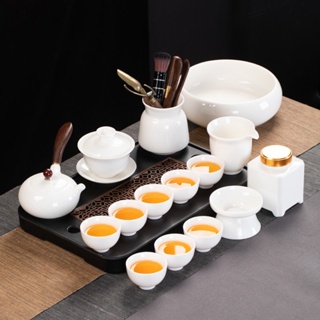 羊脂玉白瓷 茶具套裝 家用茶盤 客廳 中式 簡約 陶瓷 蓋碗 泡茶壺 茶道配件 白瓷茶具套裝 中式陶瓷茶盤