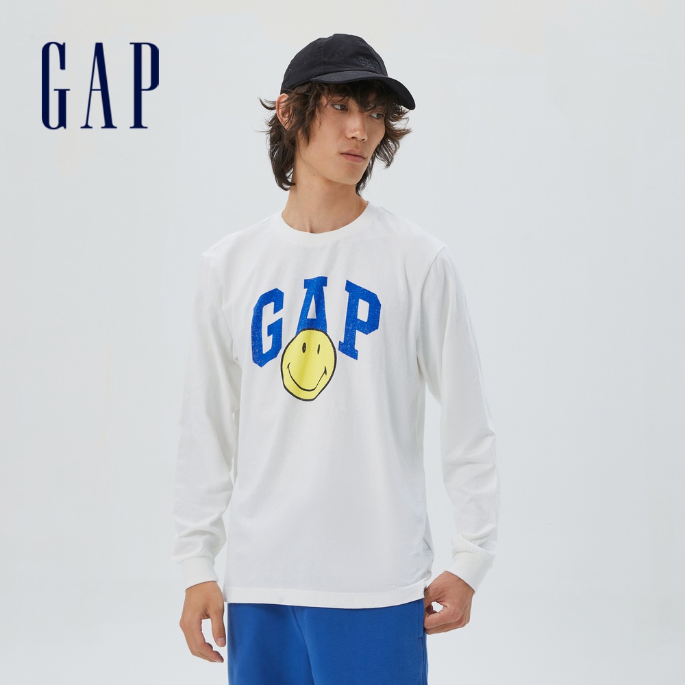 Gap 男裝 Gap x SMILEY聯名 Logo純棉長袖T恤-白色(514077)