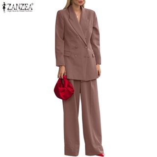 Zanzea 女士時尚優雅雙排扣西裝外套+寬鬆褲辦公室女士2PCS套裝