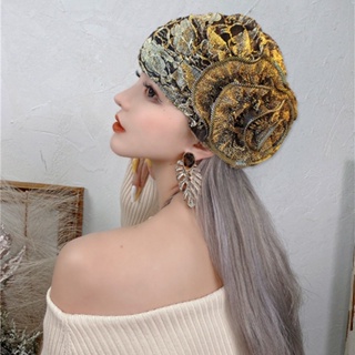 夏天新款復古鏤空蕾絲頭巾帽洋氣大花朵包頭帽遮白髮薄頭套女帽子
