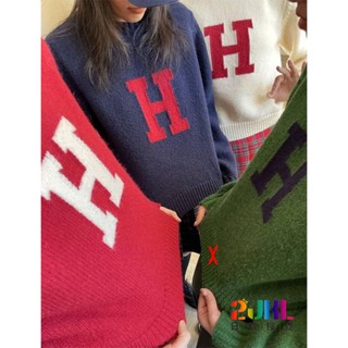 #26935 韓版可愛H字母配色針織長袖上衣 休閒百搭質感高領長袖毛衣 袖口螺紋簡約針織長袖上衣