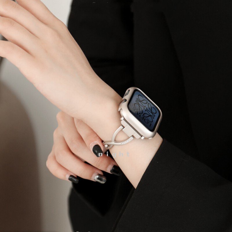 星光色細款鑲鑽錶帶 適用 apple watch 蘋果錶帶 iwatch SE 1-9代通用 Ultra 細人魚金屬錶帶