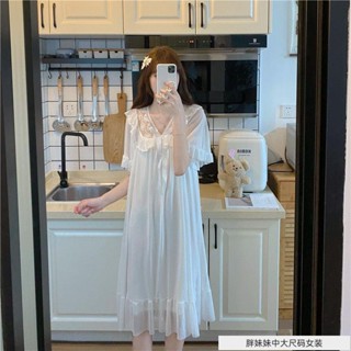 胖妹妹 大尺碼女裝睡衣 家居服 甜美睡衣純欲蕾絲花邊網紗拼接大尺碼睡裙女夏季薄款甜美短袖家居服睡衣夏ins風