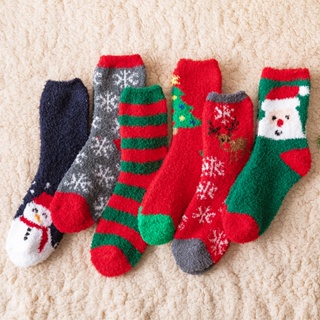 大唐襪業 D376女秋冬季保暖可愛聖誕地板襪卡通半邊絨中筒睡眠襪