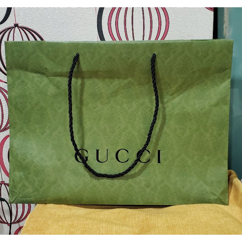 二手 GUCCI 高質感 草綠色 墨綠色 滿版浮雕印花圖騰 硬挺紙袋包 購物包 提袋 揹袋 禮品袋