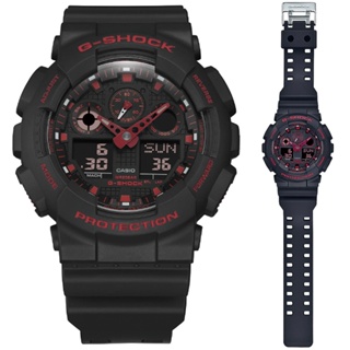 【CASIO 卡西歐】G-SHOCK 大膽經典黑火焰紅運動雙顯錶(GA-100BNR-1A 防水200米)