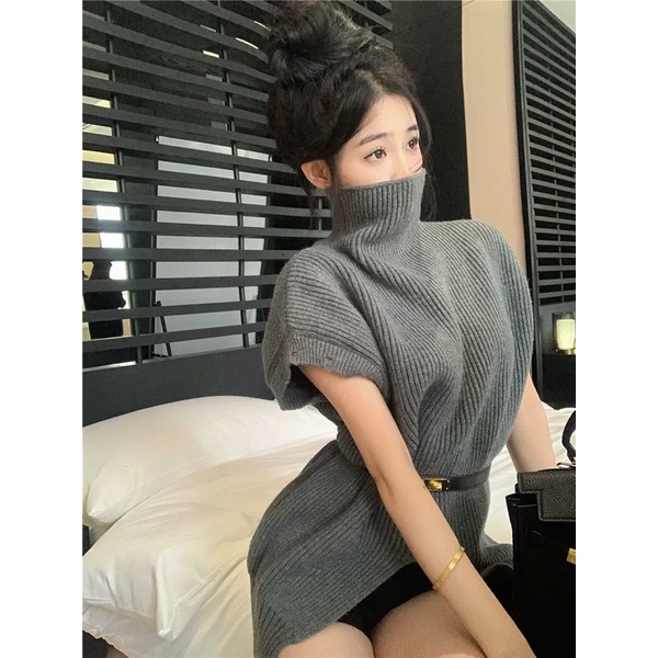 [ ohya梨花 ] =韓國帶回=最新秋冬新款性感名媛法式穿搭高級感灰色高領造型針織上衣毛衣罩衫