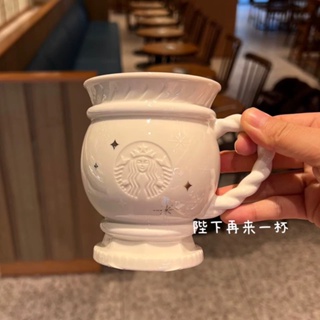 Starbucks官方正品！韓國星巴克杯子2022聖誕節白色雪花浮雕馬克杯陶瓷喝水杯子果汁珍奶茶奶昔茶水咖啡杯300ml