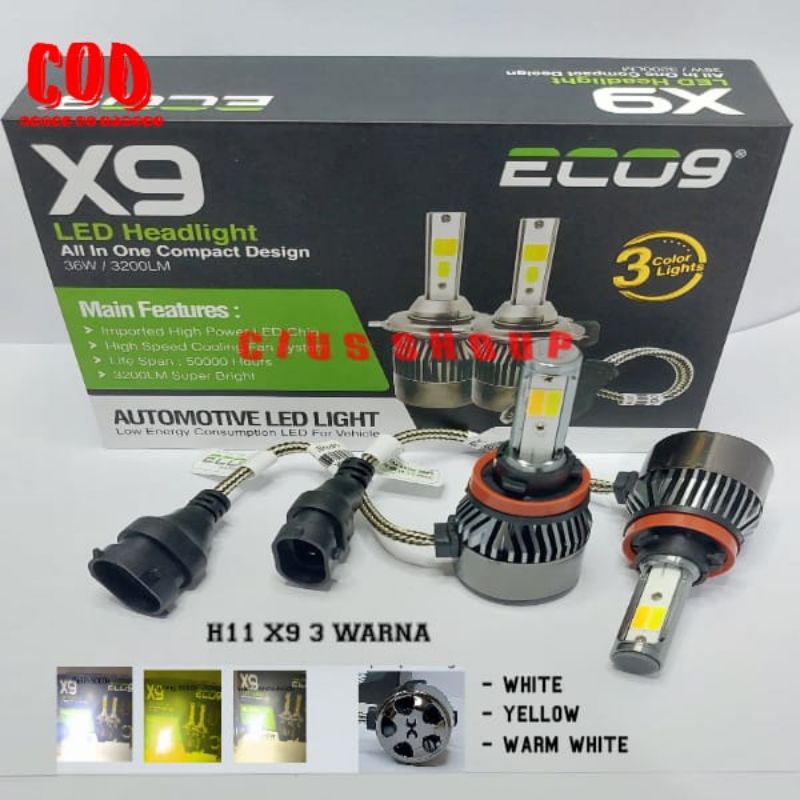 Led 大燈霧燈汽車 H4 H11 HB3 HB4 X9 ECO9 3色白黃暖白