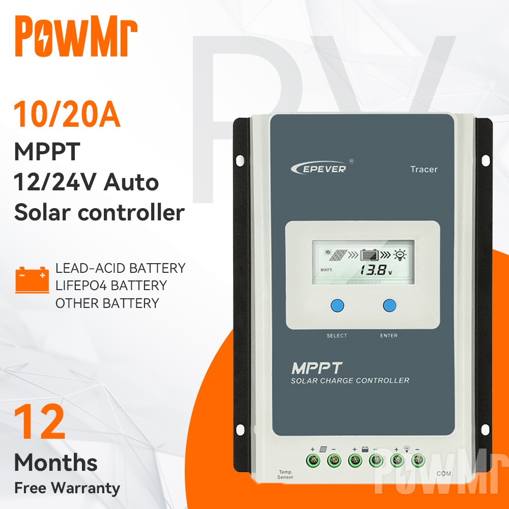 PowMr EPEVER MPPT 20A/10A 太陽能充電控制器12V/24V自動識別 背光顯示器 光伏最大輸入60