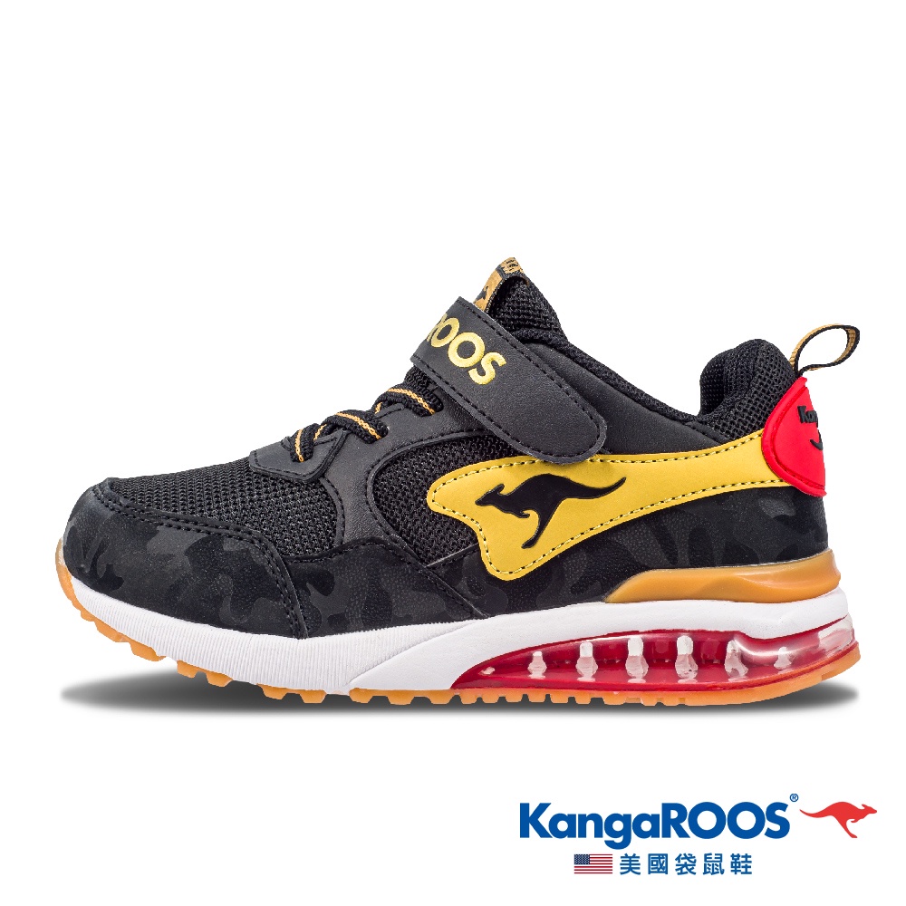 【KangaROOS 美國袋鼠鞋】童鞋 MEGA RUN 防潑水超輕量 氣墊慢跑鞋(黑/金-KK21460)