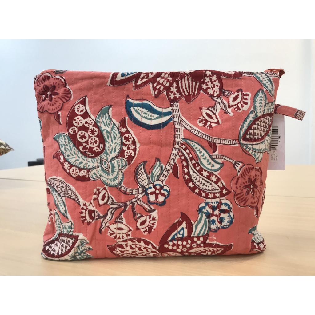 HOOMA印度Anokhi品牌手拓 手工布包 萬用包 化妝包 旅行包(粉底紅花) L 號