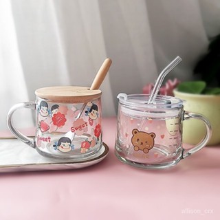【優選精品】ins玻璃杯吸管牛奶早餐杯甜品盃可愛印花刻度杯子加蓋勺女生禮物ins日韓風 UECT