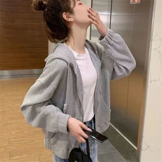 【HOSS】免運🔥華夫格短外套女 純色 韓版 寬鬆 連帽衛衣女生 拉鏈 休閑開衫上衣