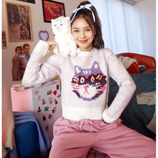 微笑海綿→韓國 MARKM ohmygirl 金美賢同款 CROP CAT 像素畫風貓咪圖案毛衣