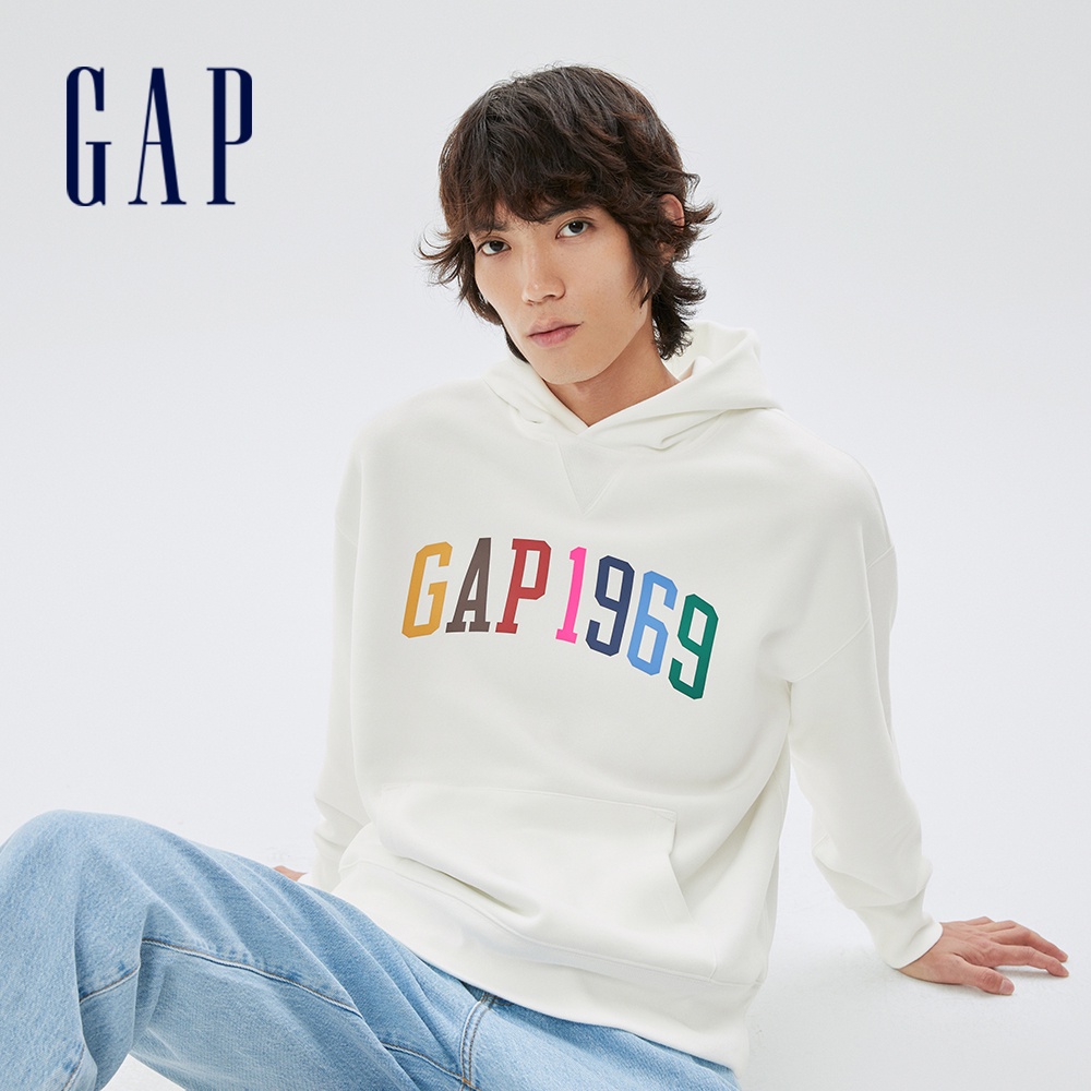 Gap 男女同款 Logo寬鬆刷毛帽T 碳素軟磨系列-白色(537541)
